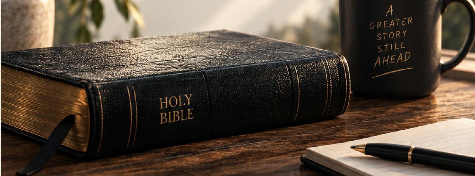 Gary's Bible, notebook and pen on a walnut desk in morning light