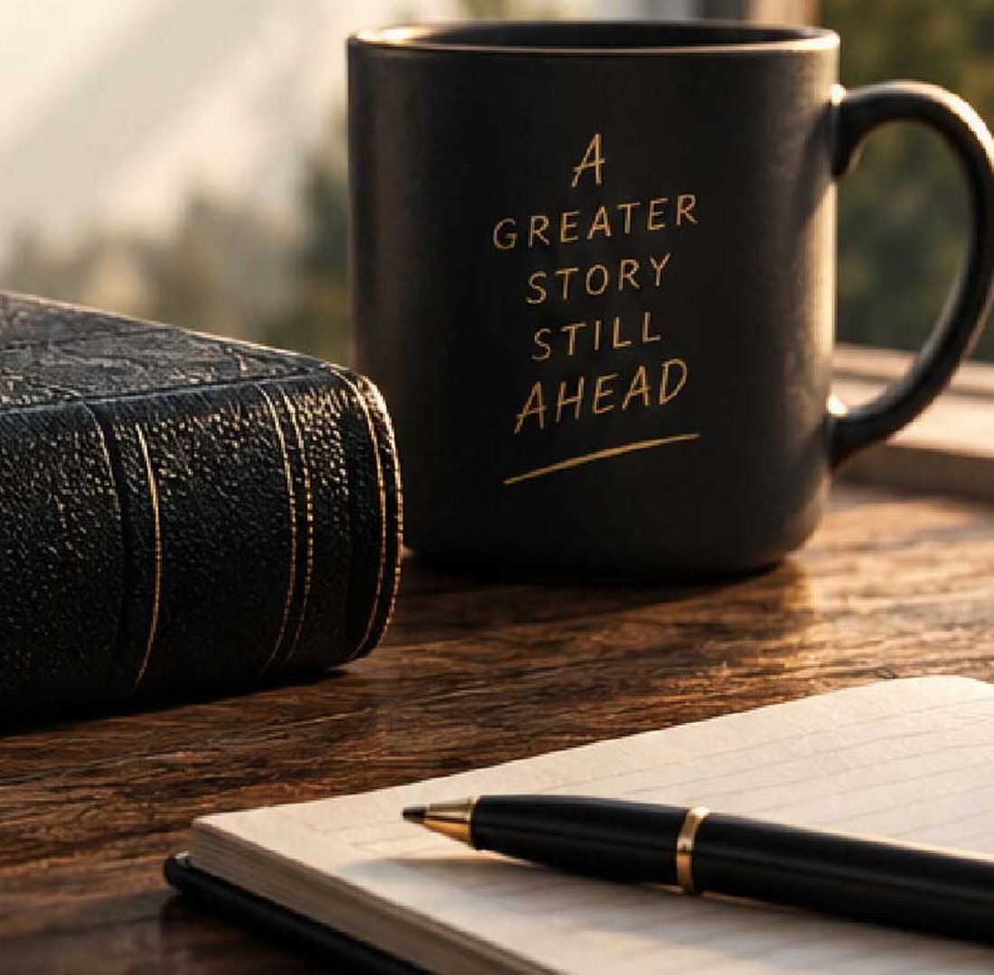 A Bible, a notebook and a mug reading &lsquo;A greater story still ahead&rsquo; on a desk in morning light